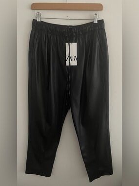 Zara Vegan Leather Pleated Pants in Black